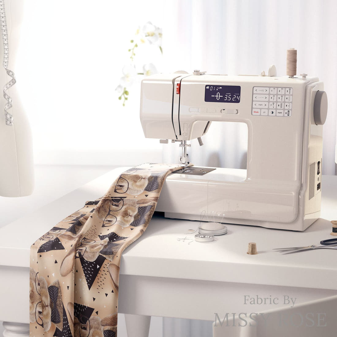 Design 1034 Neutral Bunny Fabric on a sewing machine – premium fabric for sewing projects | Fabric by Missy Rose