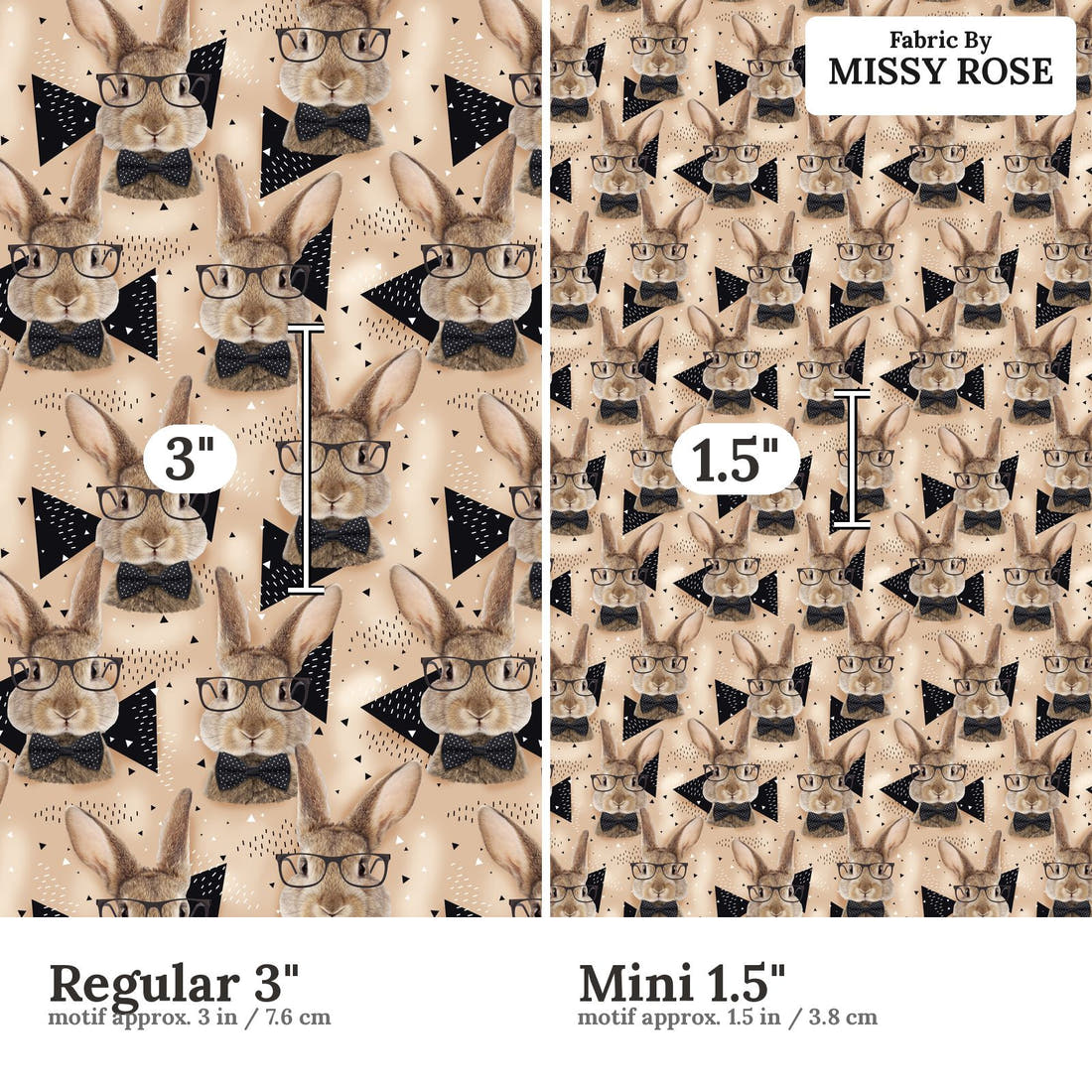 Design 1034 Neutral Bunny Fabric Regular 3 inch vs Mini 1.5 inch print scale side by side | Fabric by Missy Rose