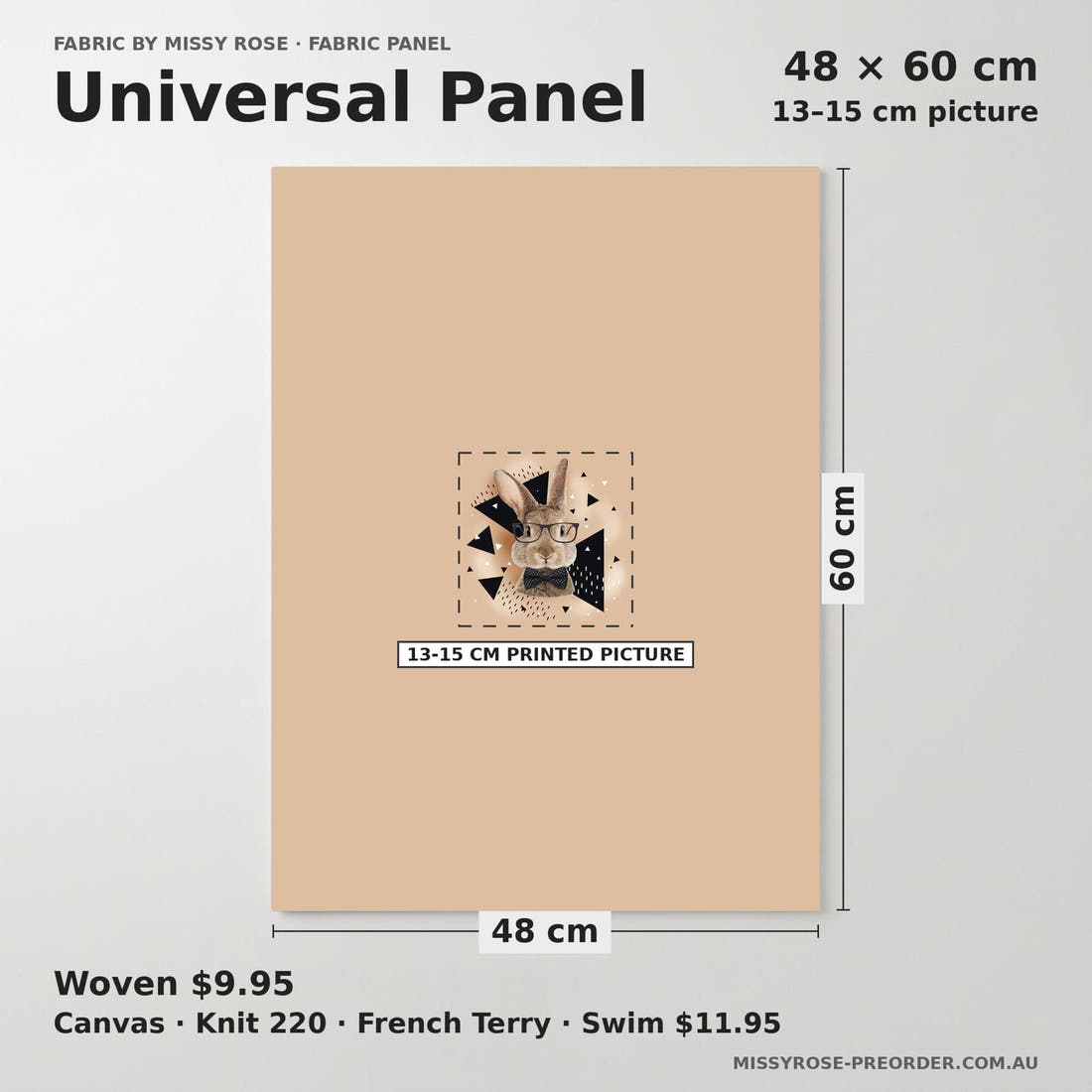 Design 1034 Neutral Bunny Panel universal panel sizing – 13–15 cm printed picture on 48 × 60 cm fabric | Fabric by Missy Rose