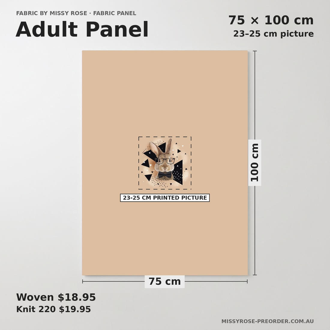 Design 1034 Neutral Bunny Panel adult panel sizing – 23–25 cm printed picture on 75 × 100 cm fabric | Fabric by Missy Rose