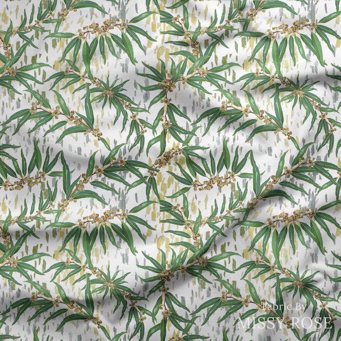 Design 1035 Eucalyptus Fabric draped fabric mockup – custom printed fabric by the metre | Fabric by Missy Rose