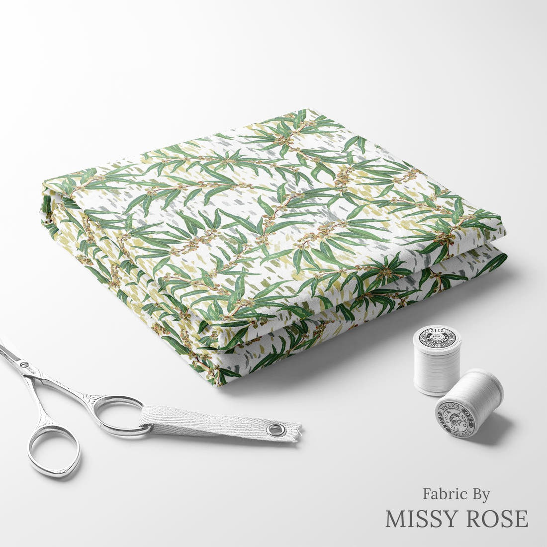 Design 1035 Eucalyptus Fabric folded fabric stack with matching thread – pre-order fabric Australia | Fabric by Missy Rose
