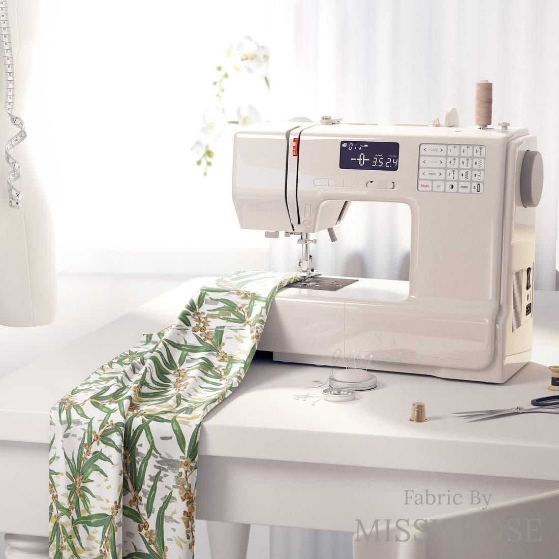 Design 1035 Eucalyptus Fabric on a sewing machine – premium fabric for sewing projects | Fabric by Missy Rose