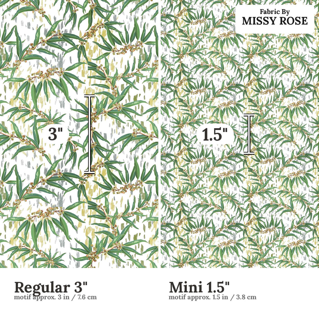 Design 1035 Eucalyptus Fabric Regular 3 inch vs Mini 1.5 inch print scale side by side | Fabric by Missy Rose