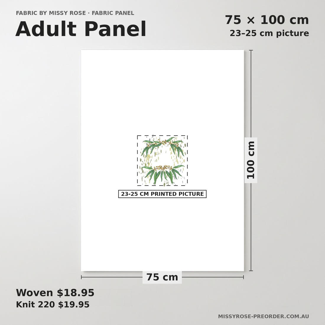 Design 1035 Eucalyptus Panel adult panel sizing – 23–25 cm printed picture on 75 × 100 cm fabric | Fabric by Missy Rose