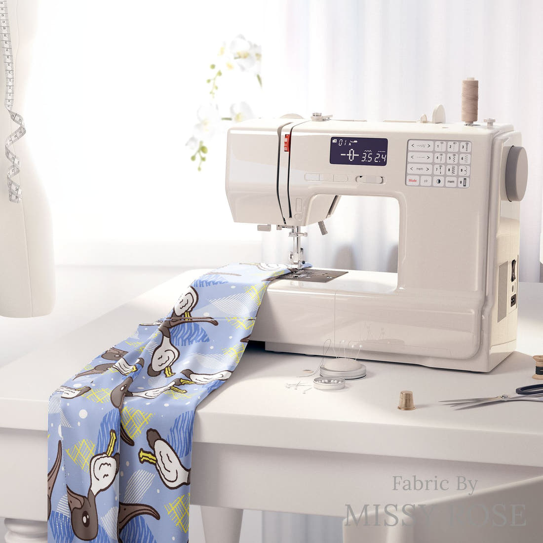 Design 1036 Bin Chicken Fabric on a sewing machine – premium fabric for sewing projects | Fabric by Missy Rose