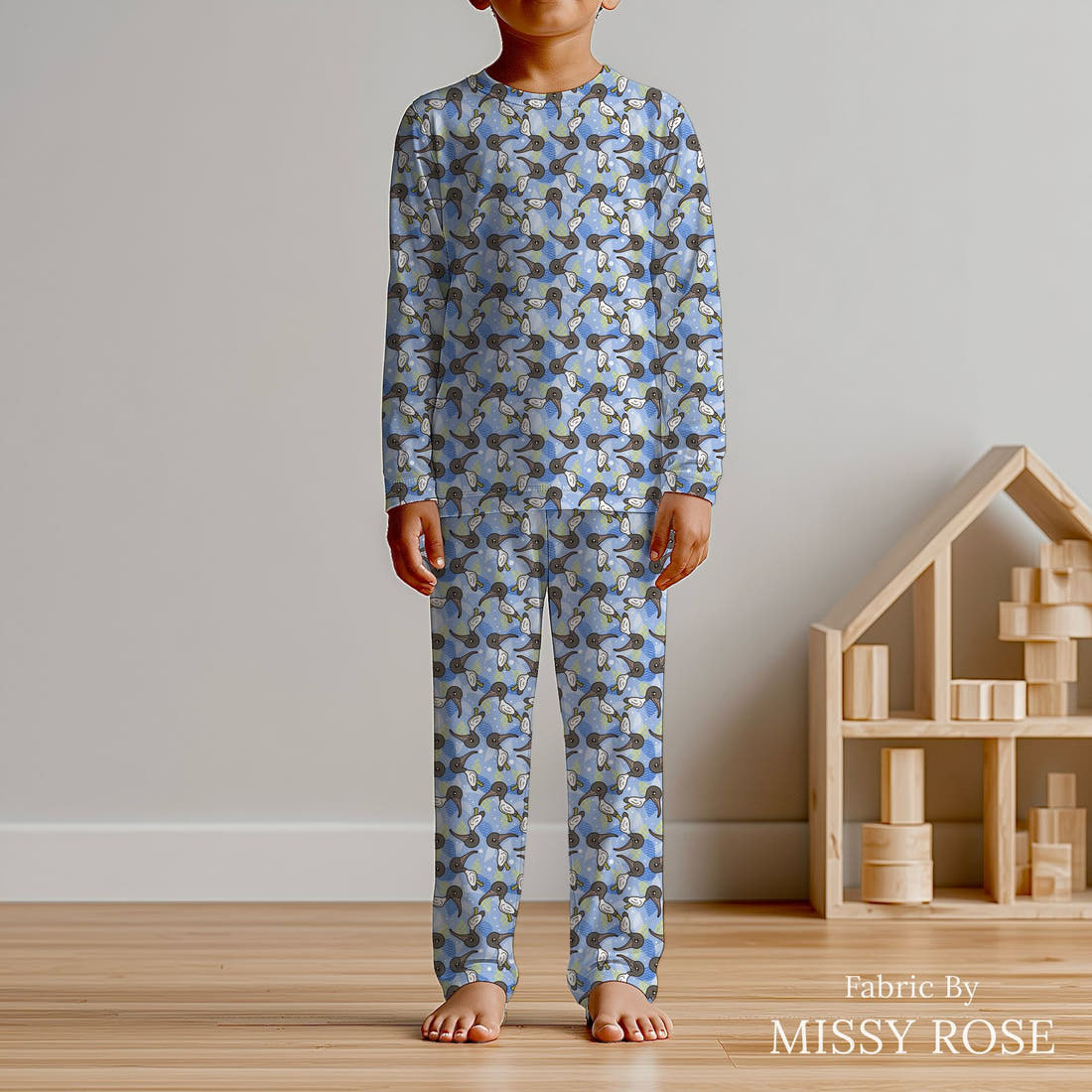 Design 1036 Bin Chicken Fabric sewn into kids' pyjamas – see how the print looks made up | Fabric by Missy Rose
