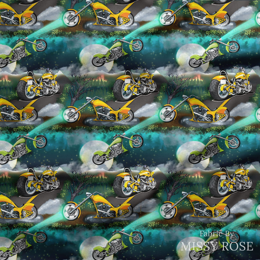 Design 1037 Motorbike Fabric draped fabric mockup – custom printed fabric by the metre | Fabric by Missy Rose