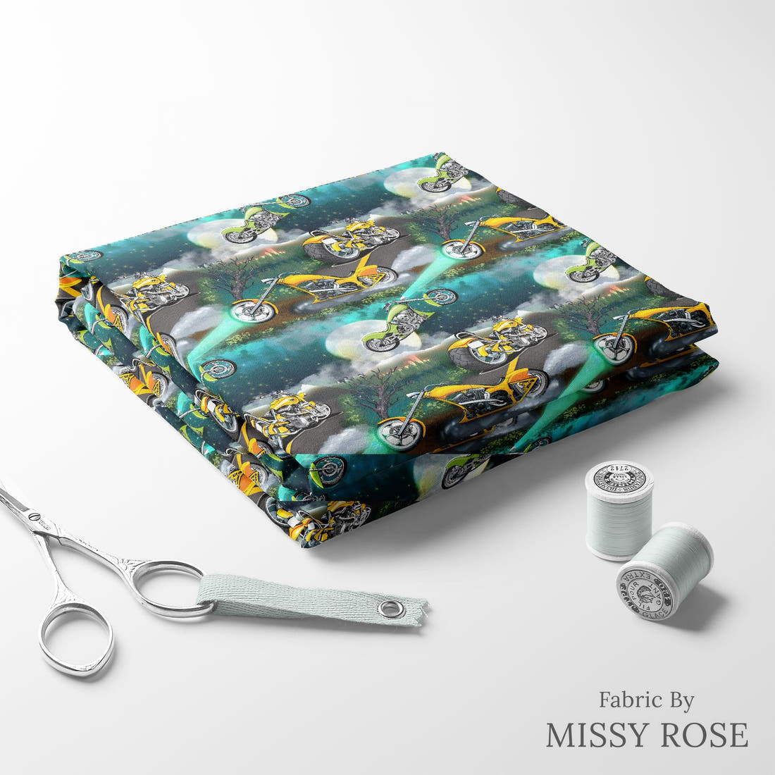 Design 1037 Motorbike Fabric folded fabric stack with matching thread – pre-order fabric Australia | Fabric by Missy Rose