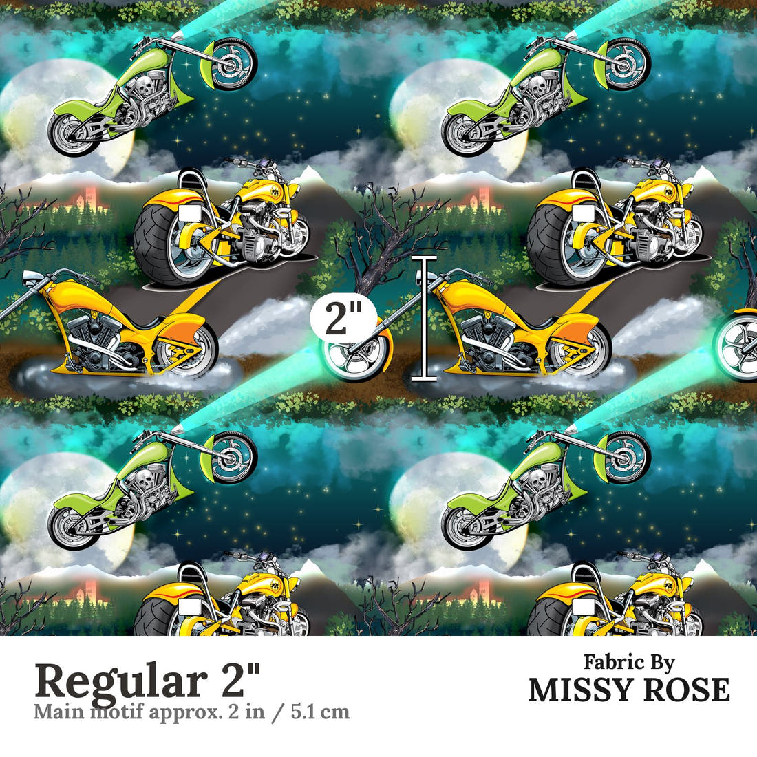Design 1037 Motorbike Fabric Regular 2 inch print scale guide | Fabric by Missy Rose