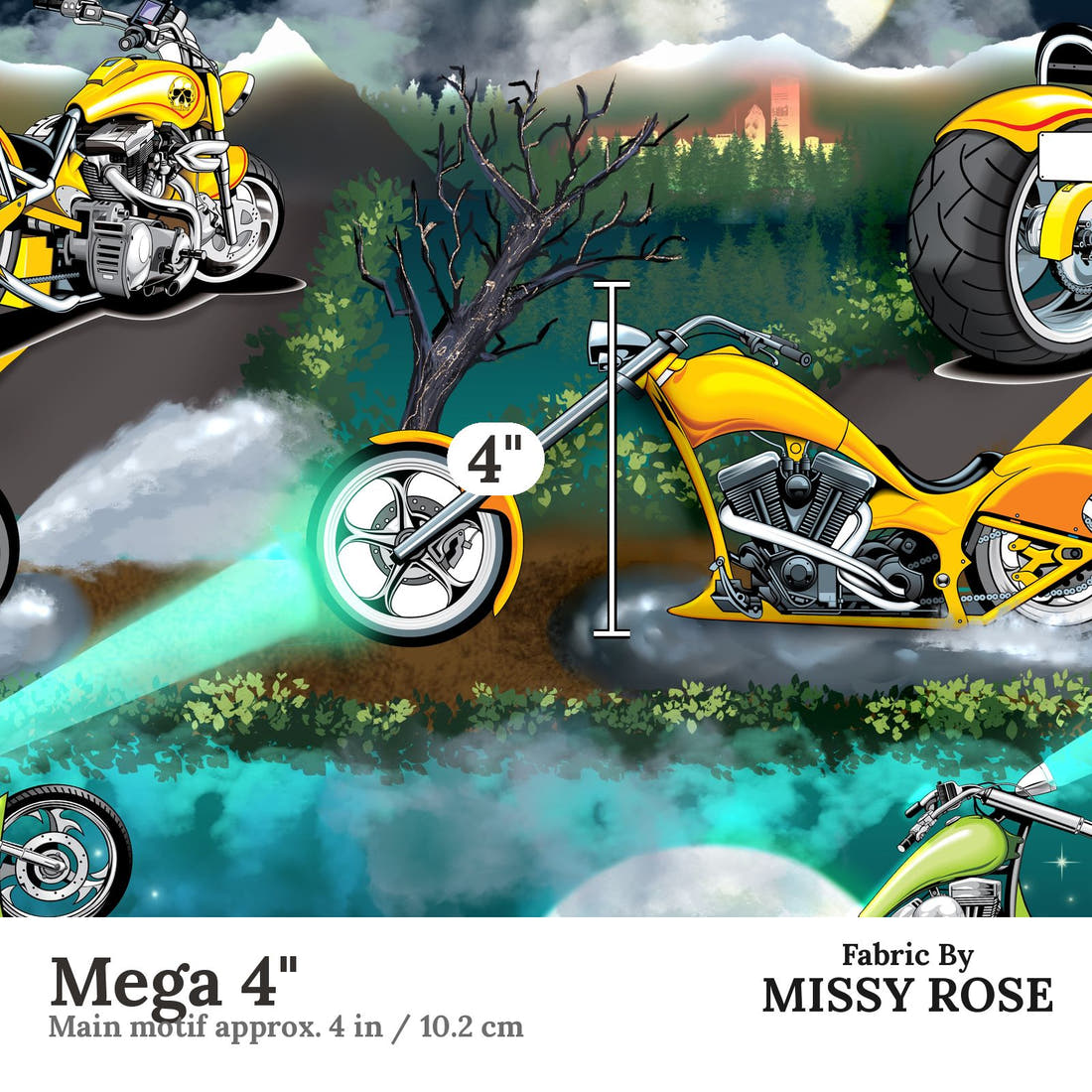Design 1037 Motorbike Fabric Mega 4 inch print scale guide | Fabric by Missy Rose