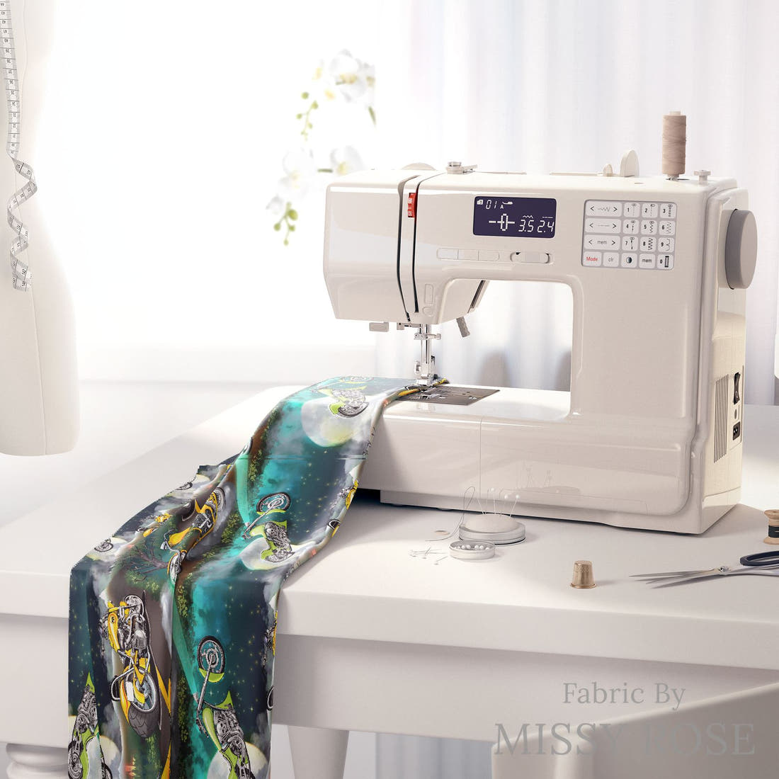 Design 1037 Motorbike Fabric on a sewing machine – premium fabric for sewing projects | Fabric by Missy Rose