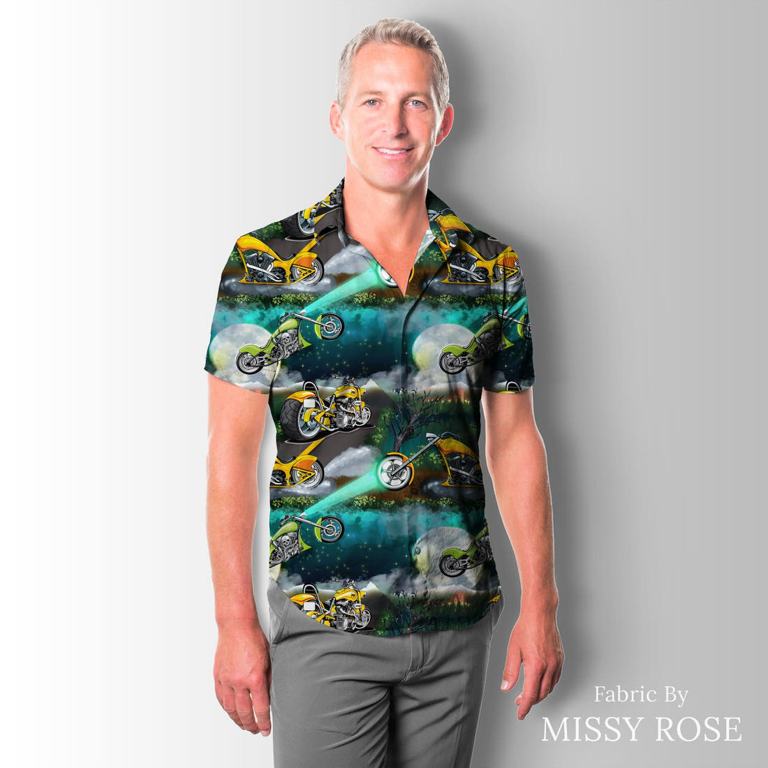 Design 1037 Motorbike Fabric sewn into a men's shirt – see how the print looks made up | Fabric by Missy Rose
