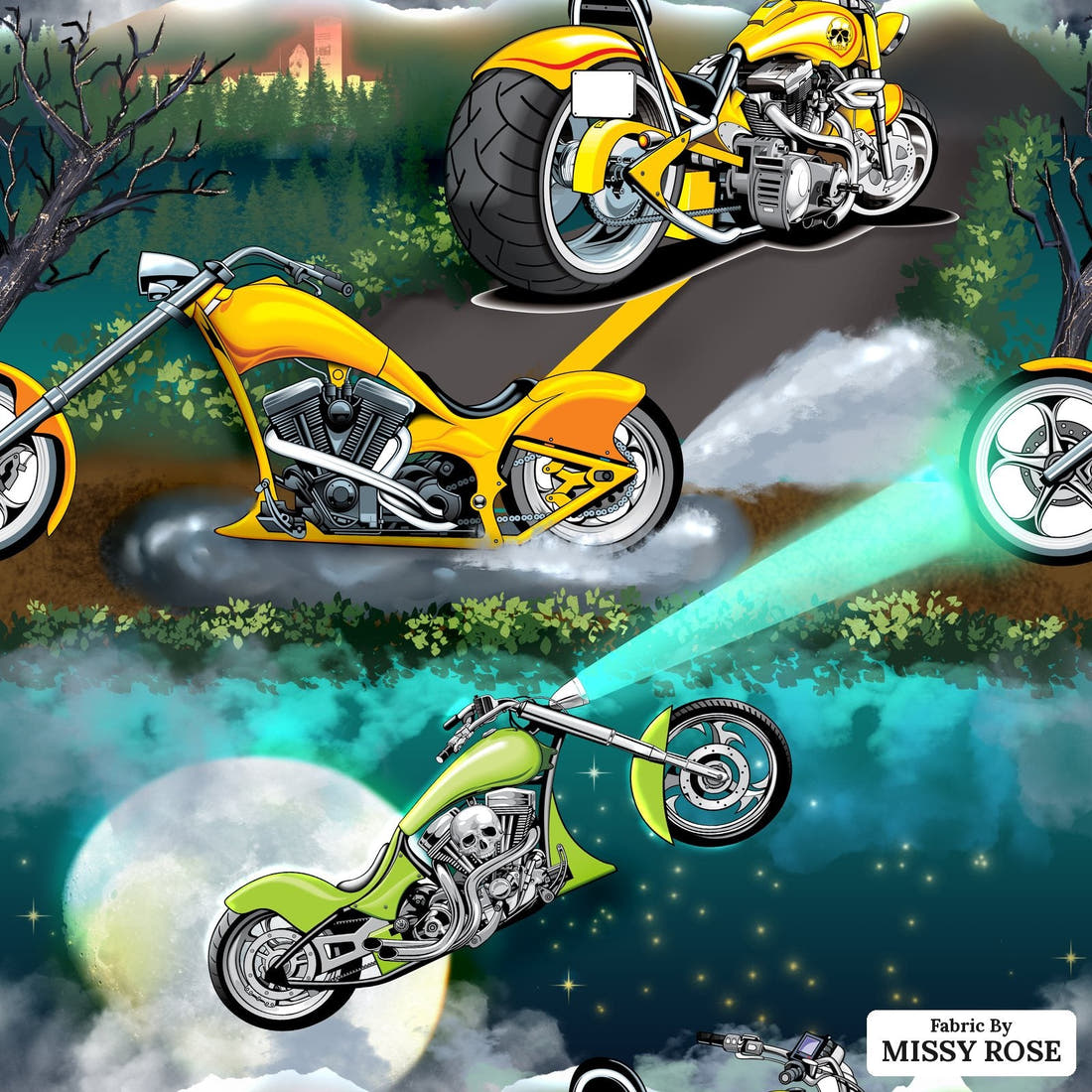 Design 1037 Motorbike Fabric – flat view of the print, zoom in for detail | Fabric by Missy Rose