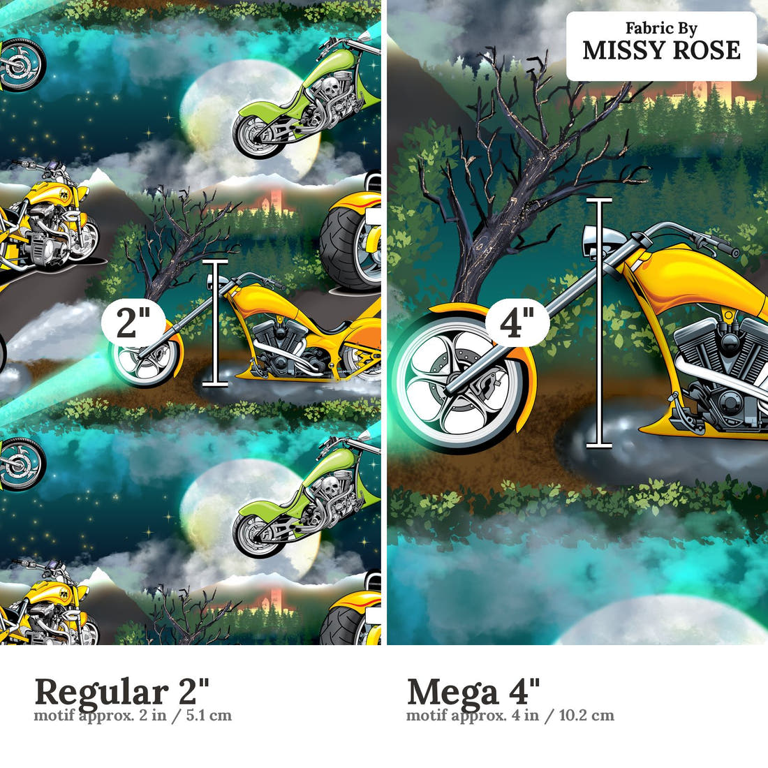 Design 1037 Motorbike Fabric Regular 2 inch vs Mega 4 inch print scale side by side | Fabric by Missy Rose