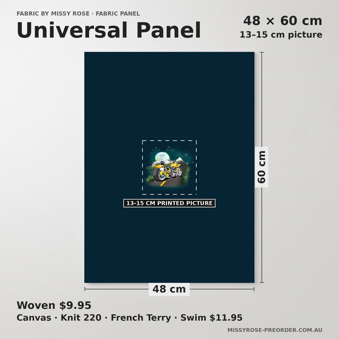 Design 1037 Motorbike Panel universal panel sizing – 13–15 cm printed picture on 48 × 60 cm fabric | Fabric by Missy Rose