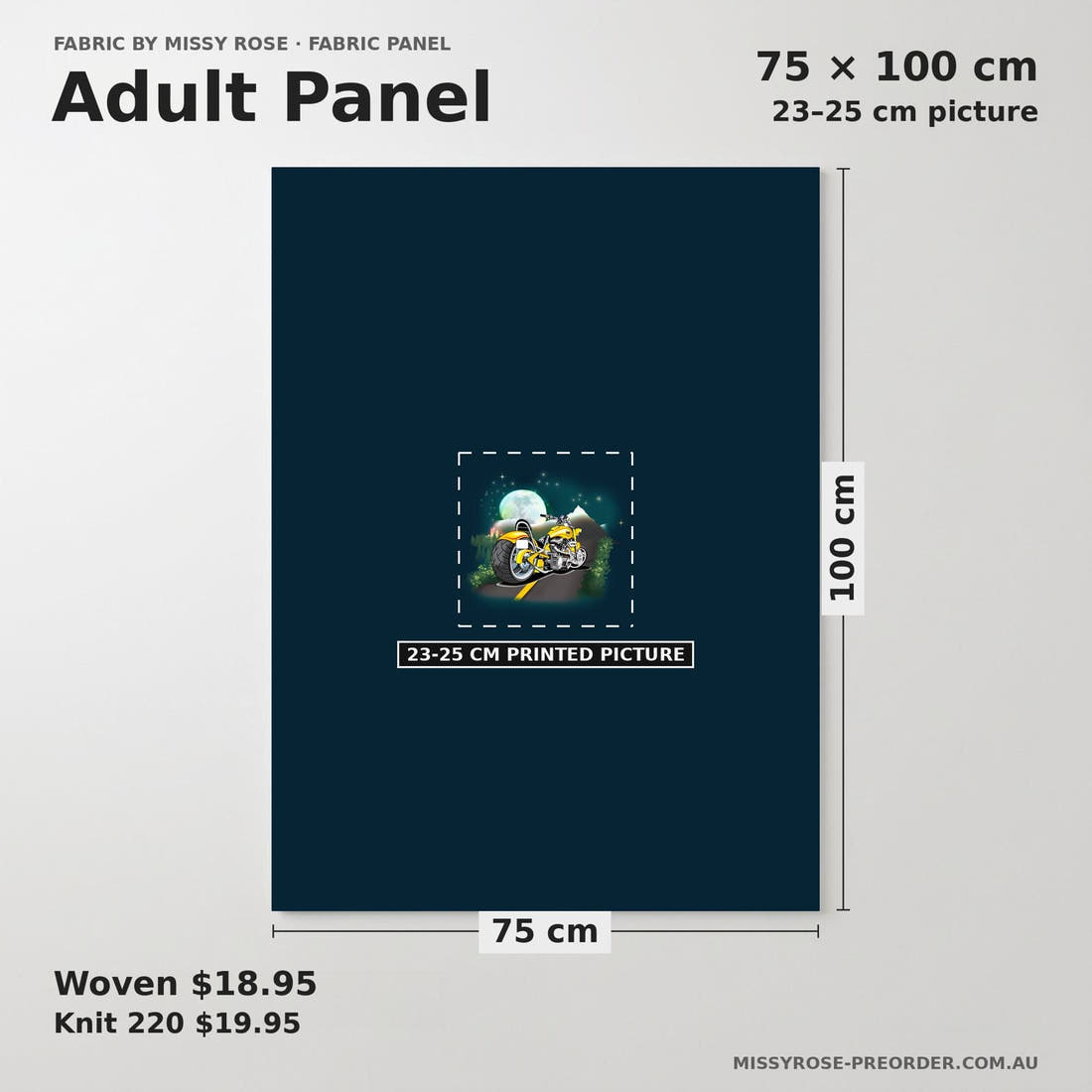 Design 1037 Motorbike Panel adult panel sizing – 23–25 cm printed picture on 75 × 100 cm fabric | Fabric by Missy Rose