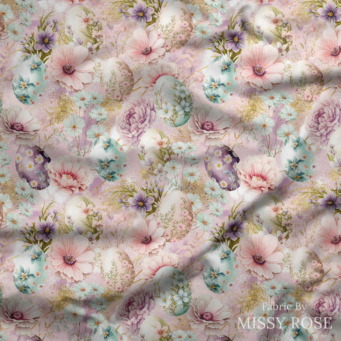 Design 1038 Floral Egg Fabric draped fabric mockup – custom printed fabric by the metre | Fabric by Missy Rose