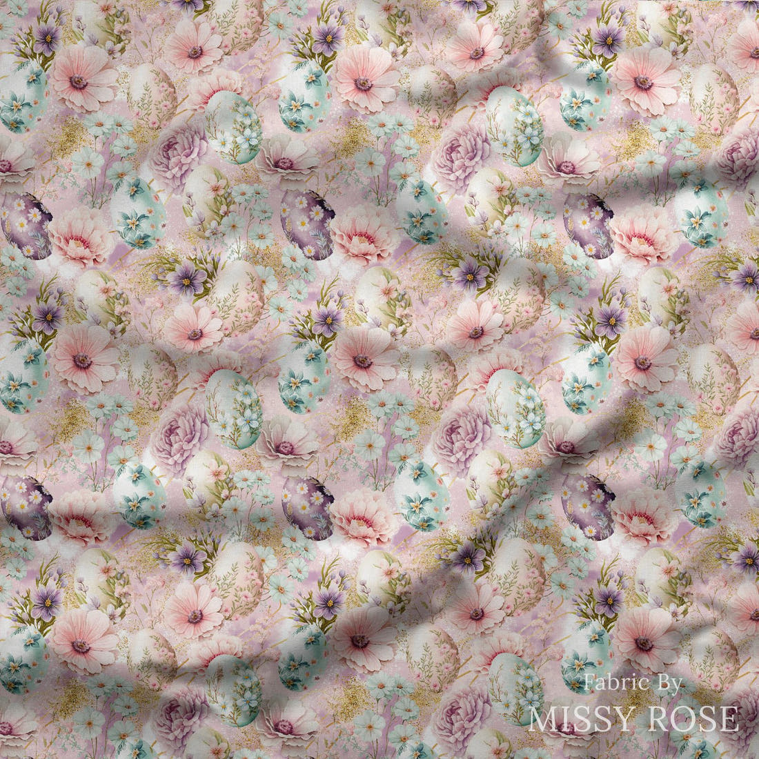 Design 1038 Floral Egg Fabric draped fabric mockup – custom printed fabric by the metre | Fabric by Missy Rose