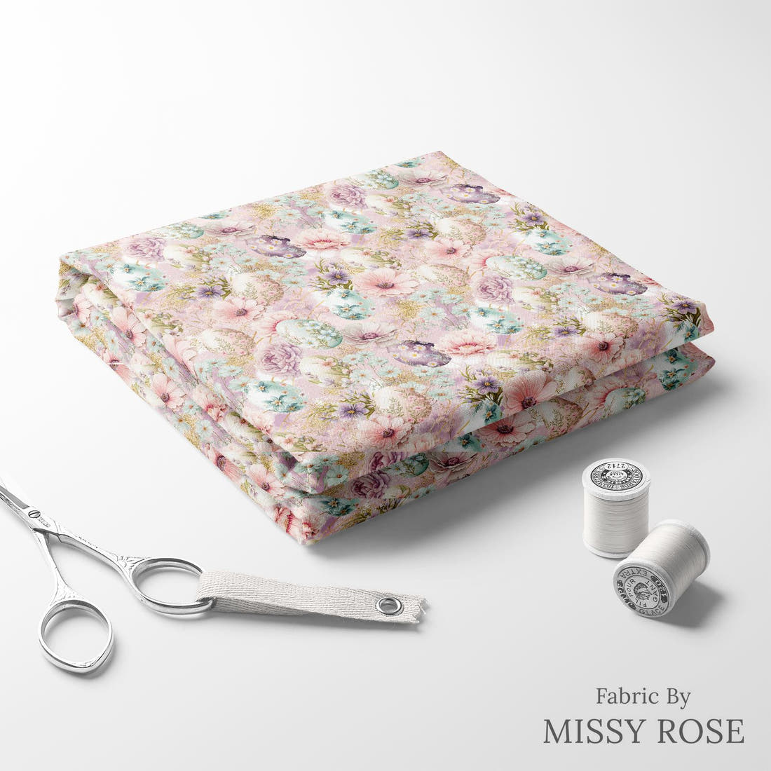 Design 1038 Floral Egg Fabric folded fabric stack with matching thread – pre-order fabric Australia | Fabric by Missy Rose