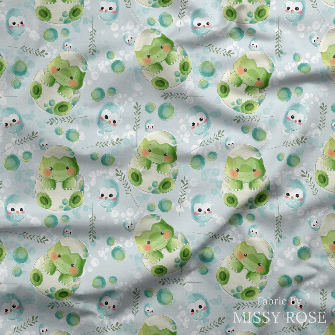 Design 1039 Baby Dino Fabric draped fabric mockup – custom printed fabric by the metre | Fabric by Missy Rose