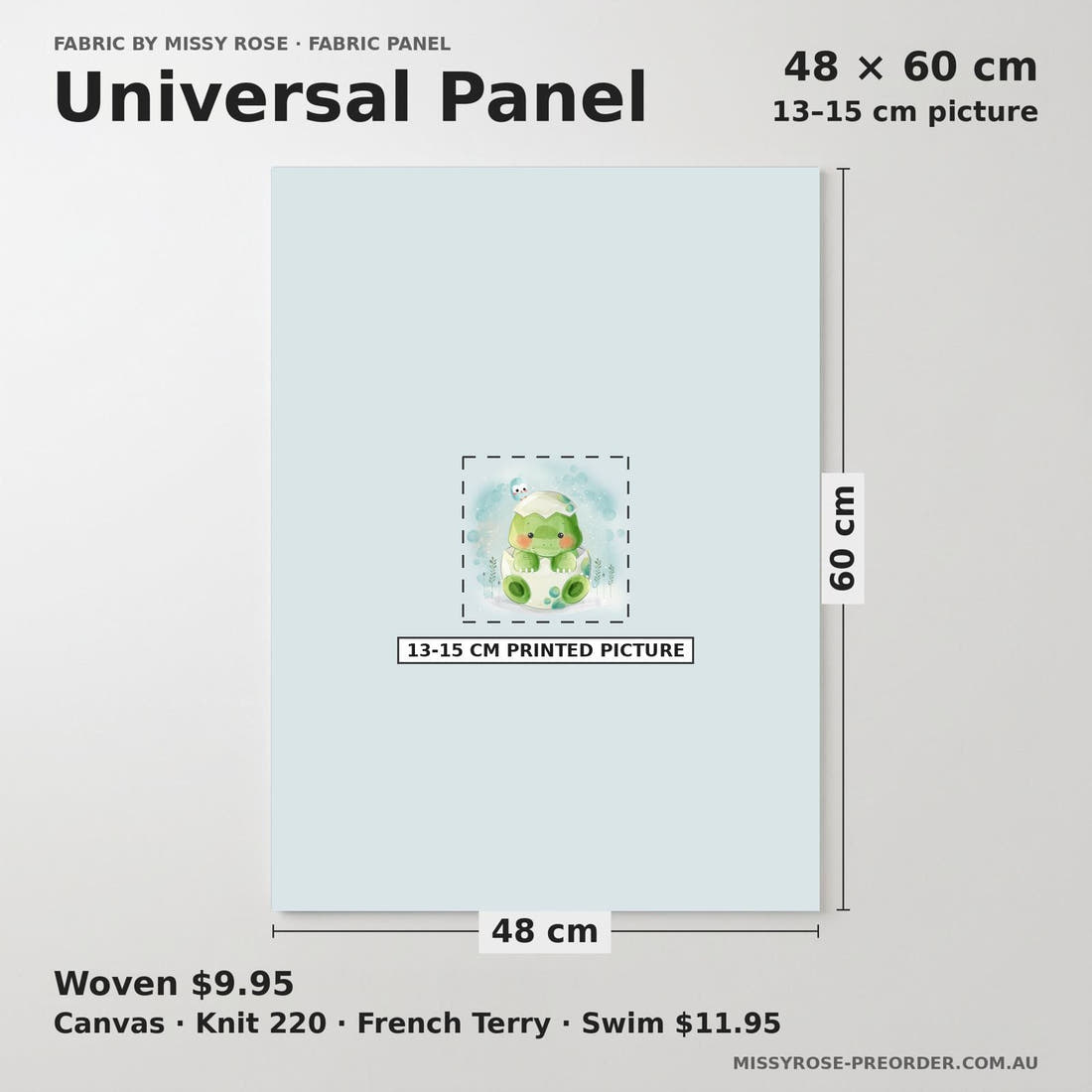 Design 1039 Baby Dino Panel universal panel sizing – 13–15 cm printed picture on 48 × 60 cm fabric | Fabric by Missy Rose