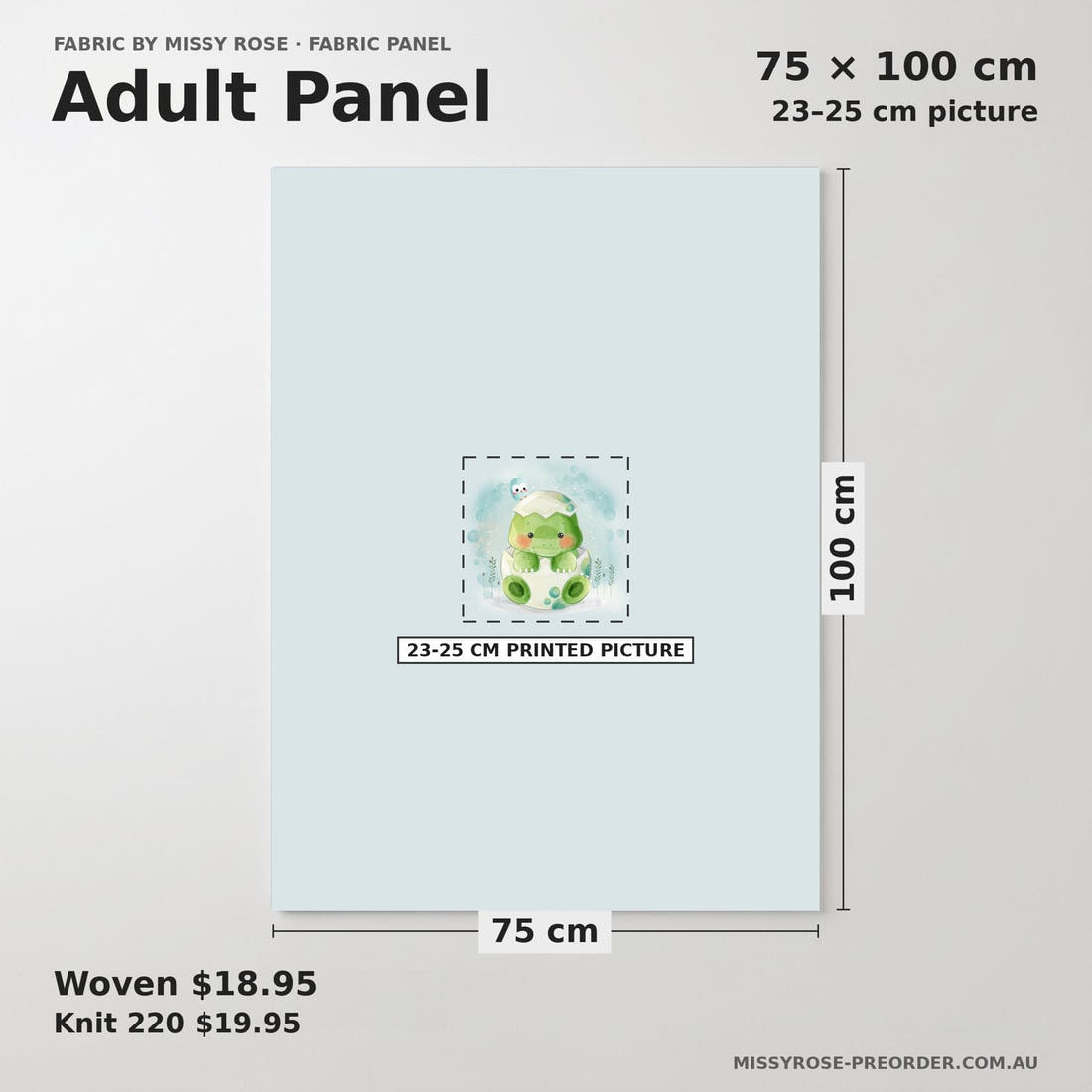 Design 1039 Baby Dino Panel adult panel sizing – 23–25 cm printed picture on 75 × 100 cm fabric | Fabric by Missy Rose