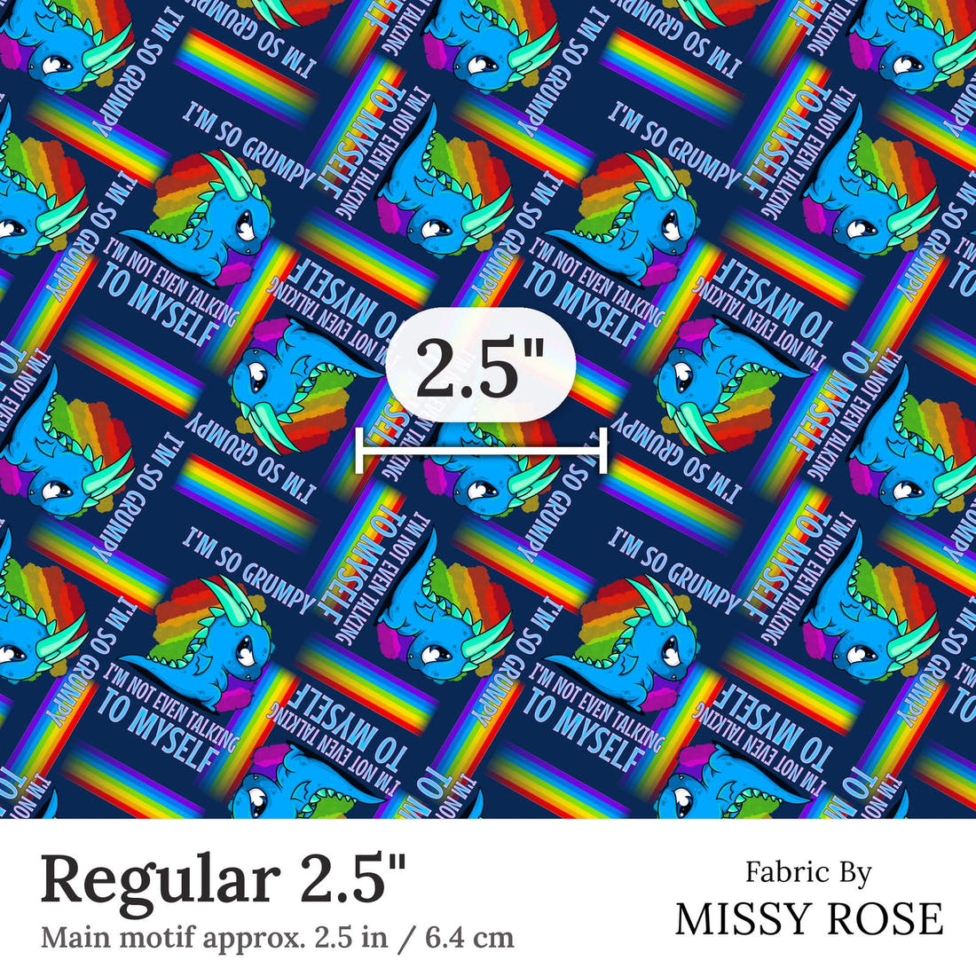 Design 104 Grumpy Dragon Fabric Regular 2.5 inch print scale guide | Fabric by Missy Rose