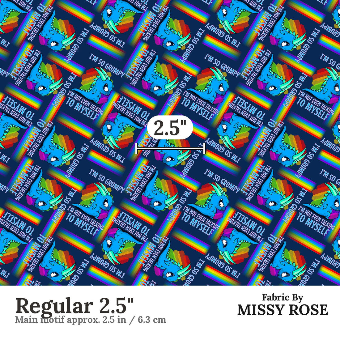 Design 104 Grumpy Dragon Fabric Regular 2.5" - print scale | Fabric by Missy Rose