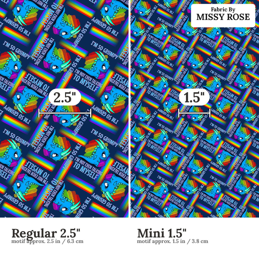 Design 104 Grumpy Dragon Fabric size comparison - print scale | Fabric by Missy Rose