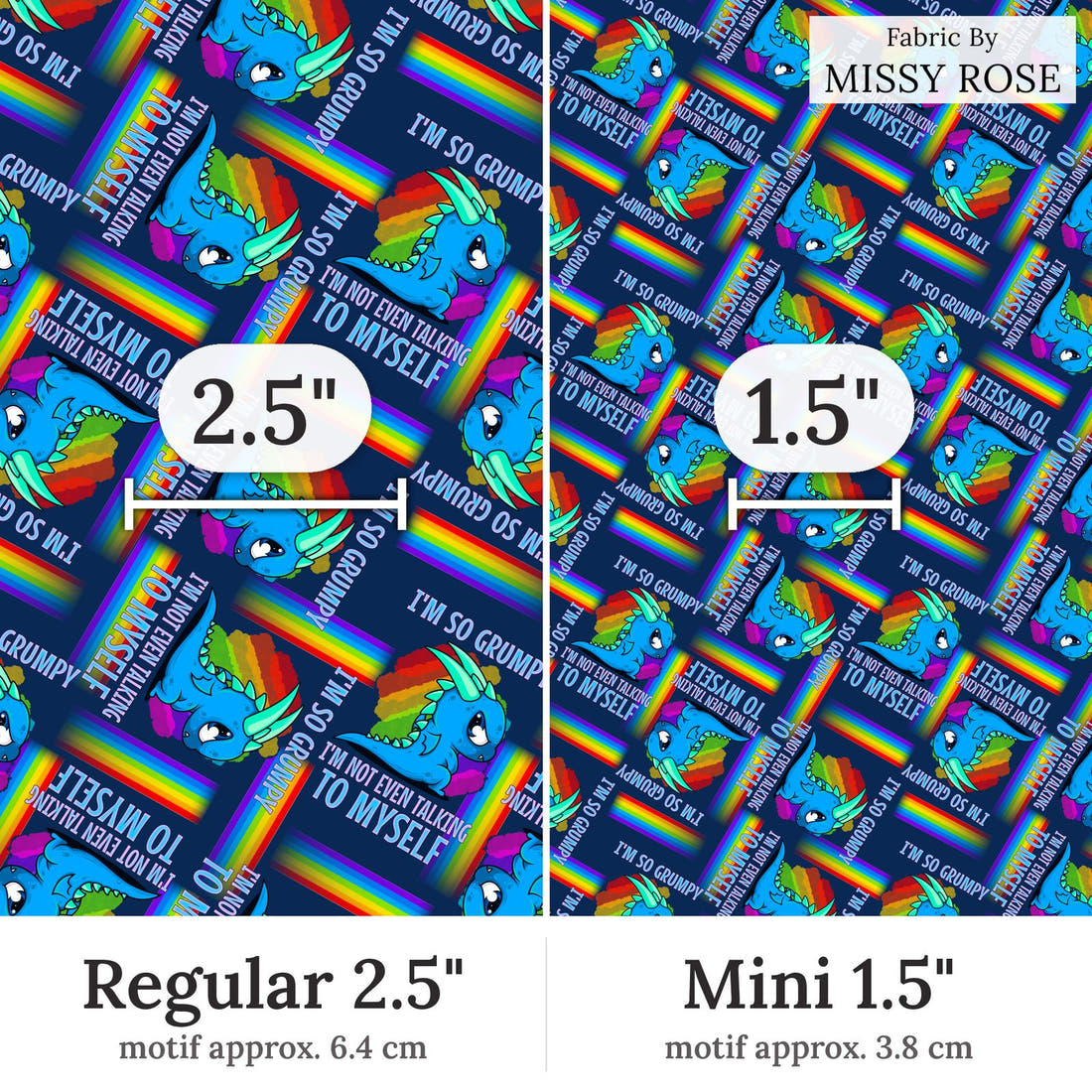 Design 104 Grumpy Dragon Fabric Regular 2.5 inch vs Mini 1.5 inch print scale side by side | Fabric by Missy Rose