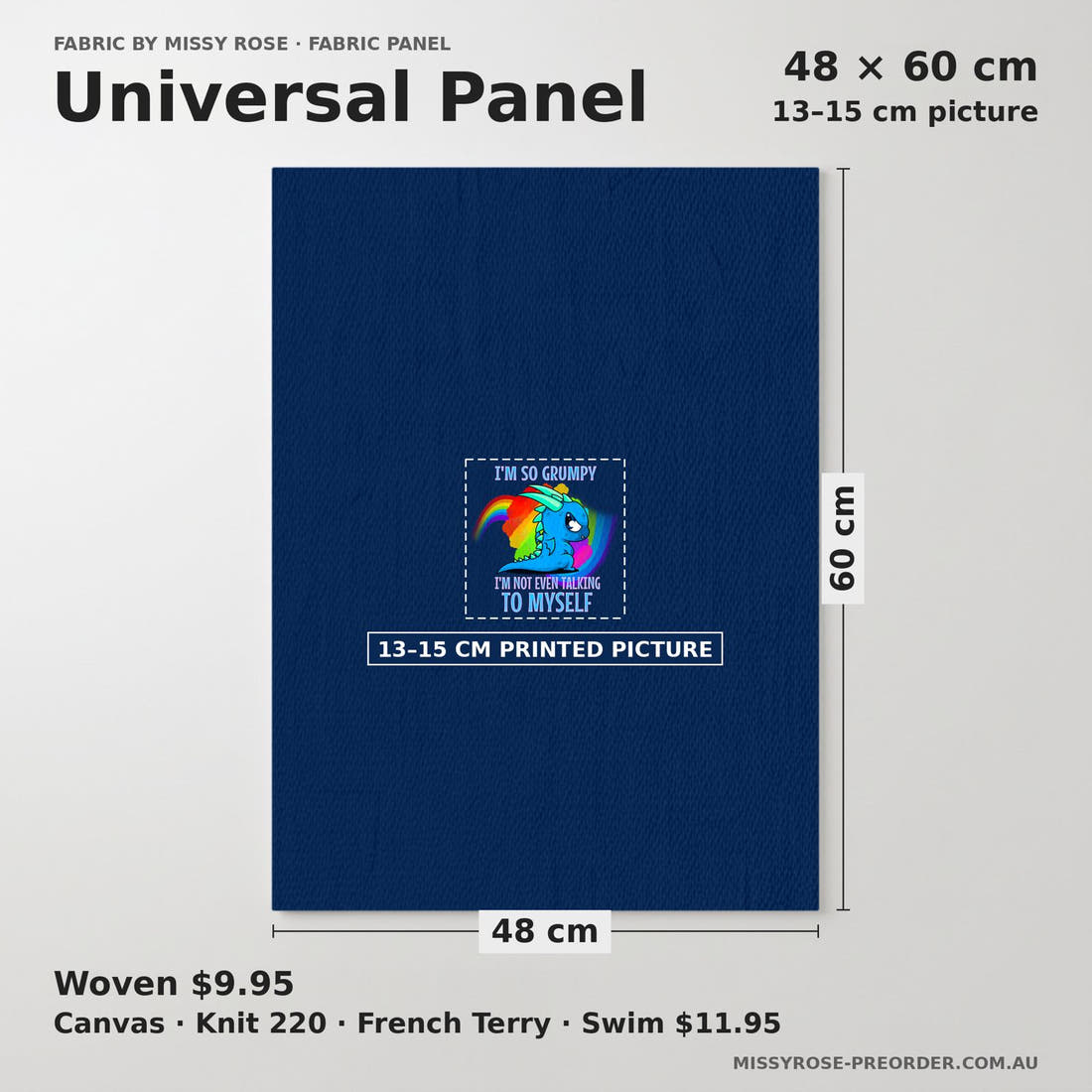 Design 104 Grumpy Dragon Panel universal panel sizing – 13–15 cm printed picture on 48 × 60 cm fabric | Fabric by Missy Rose