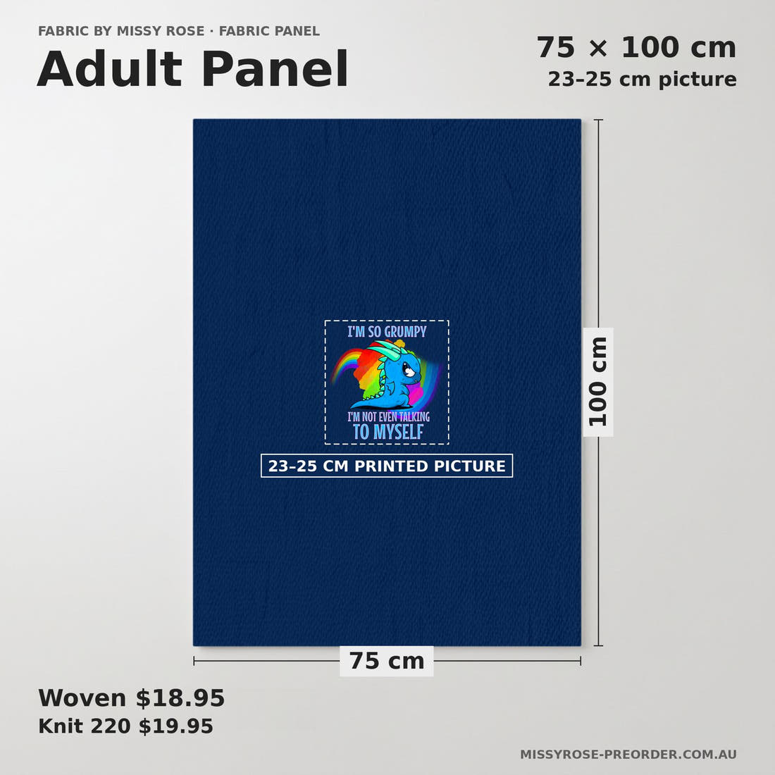 Design 104 Grumpy Dragon Panel adult panel sizing – 23–25 cm printed picture on 75 × 100 cm fabric | Fabric by Missy Rose