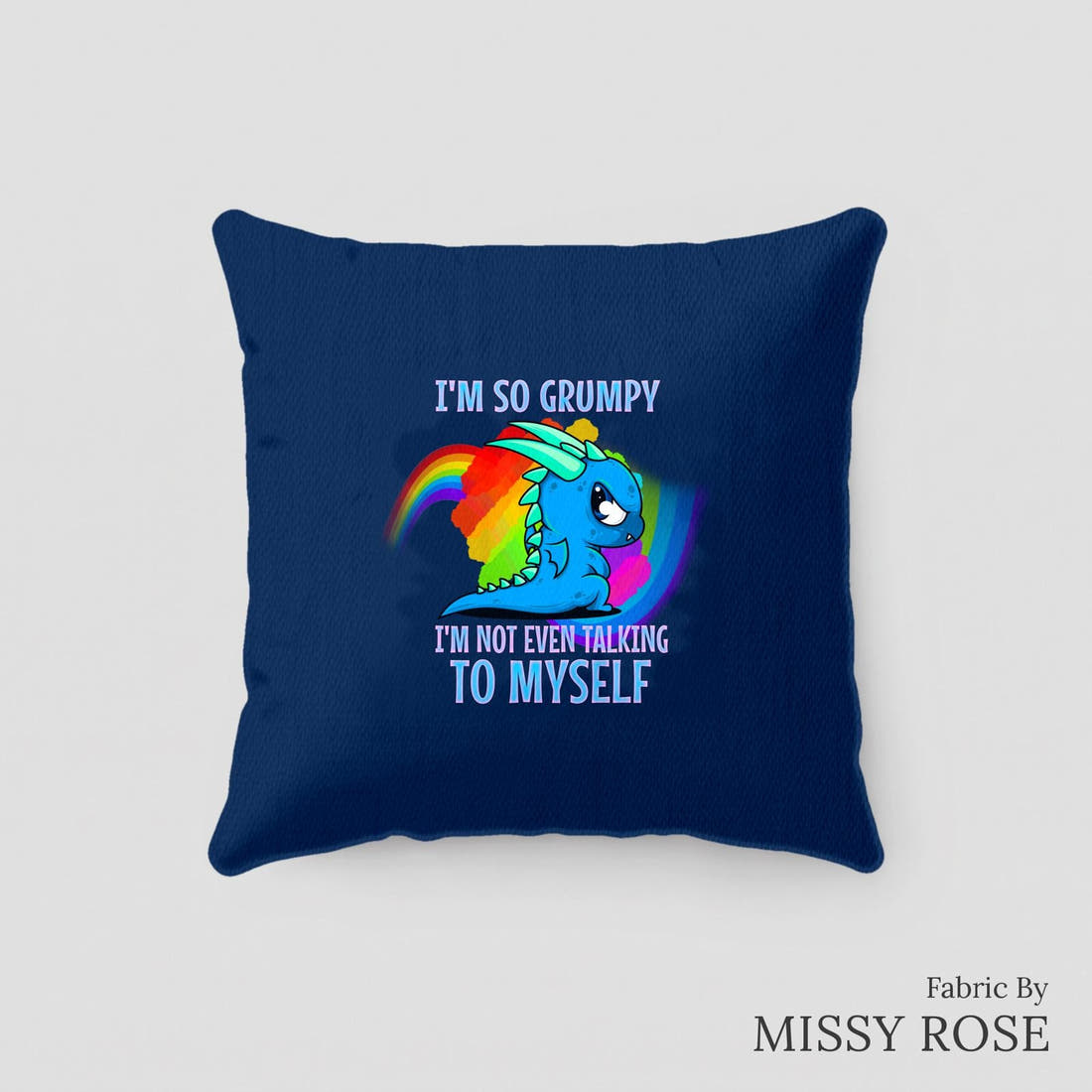 Design 104 Grumpy Dragon Panel sewn into a cushion – see how the panel looks made up | Fabric by Missy Rose