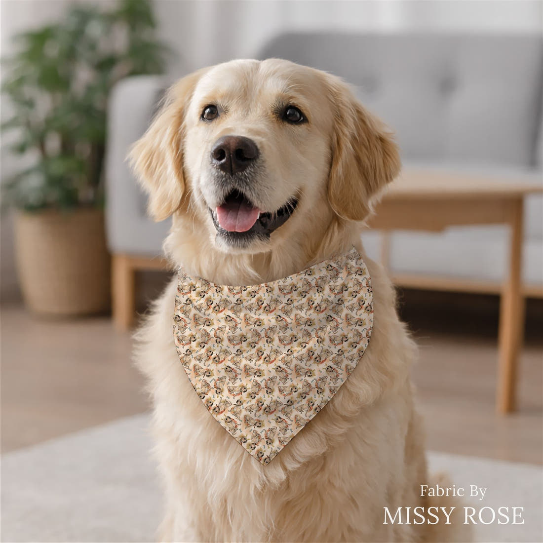 Design 1040 Orange Dog Fabric sewn into a dog bandana – see how the print looks made up | Fabric by Missy Rose