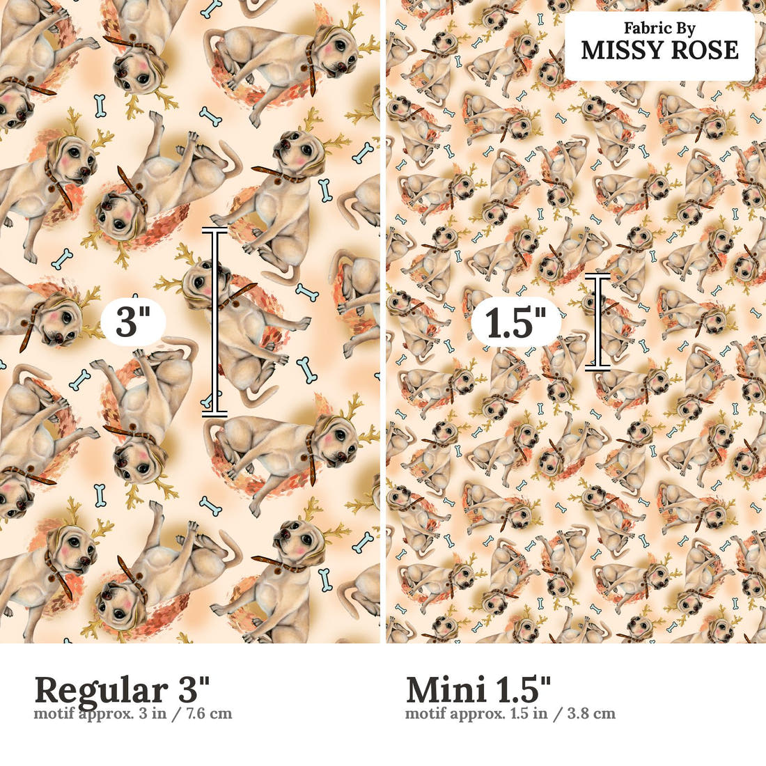 Design 1040 Orange Dog Fabric Regular 3 inch vs Mini 1.5 inch print scale side by side | Fabric by Missy Rose