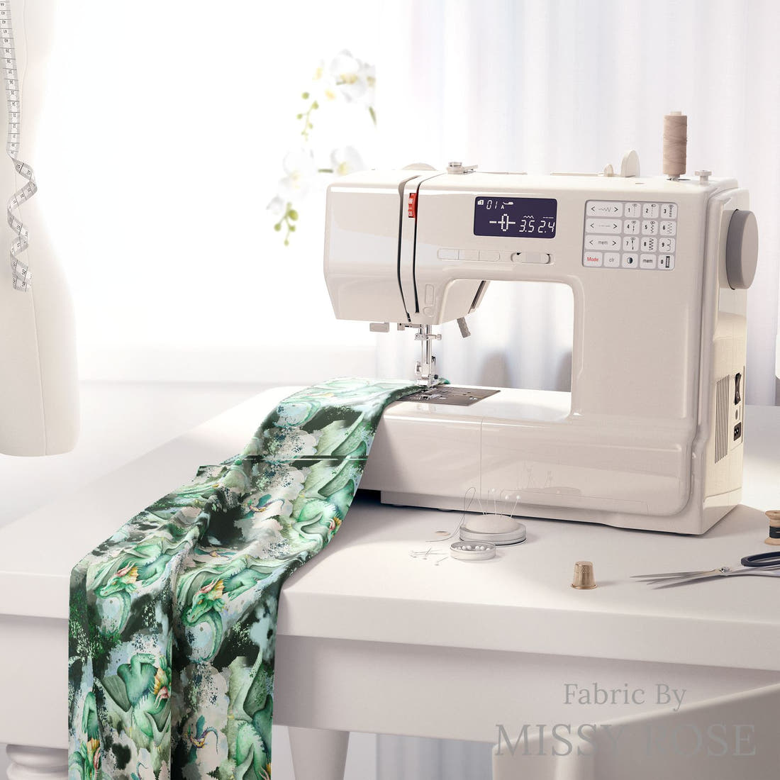 Design 1041 Dragon Fabric on a sewing machine – premium fabric for sewing projects | Fabric by Missy Rose