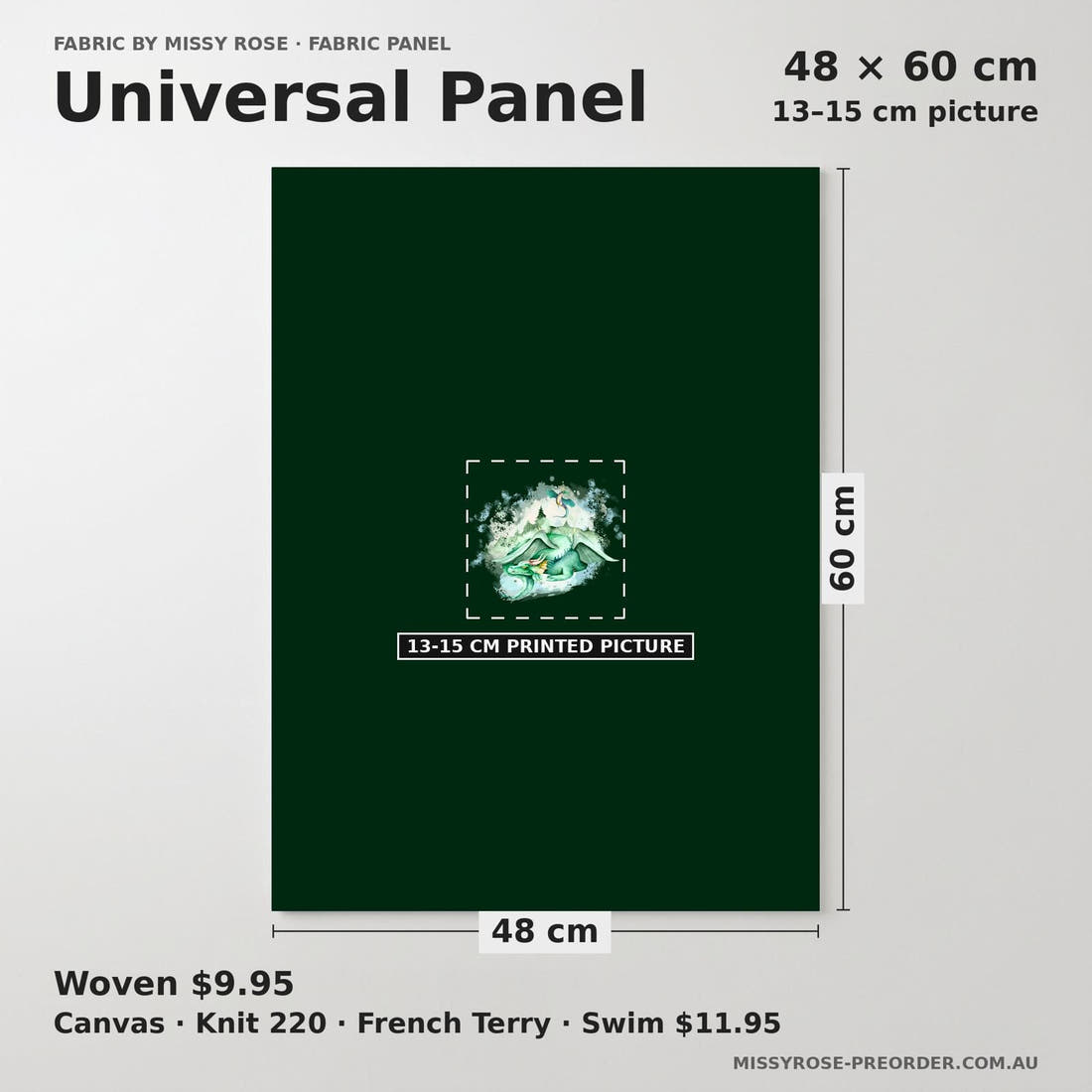 Design 1041 Dragon Panel universal panel sizing – 13–15 cm printed picture on 48 × 60 cm fabric | Fabric by Missy Rose