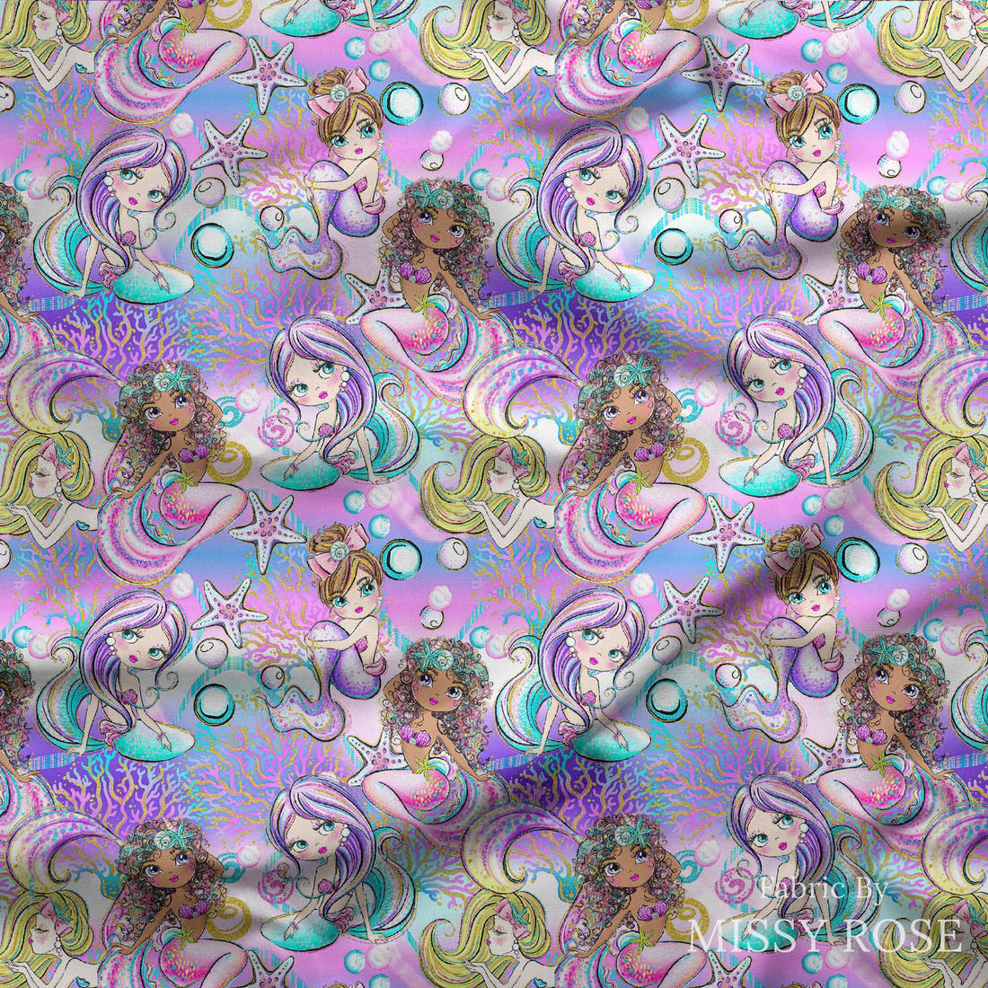 Design 1042 Purple Mermaid Fabric draped fabric mockup – custom printed fabric by the metre | Fabric by Missy Rose
