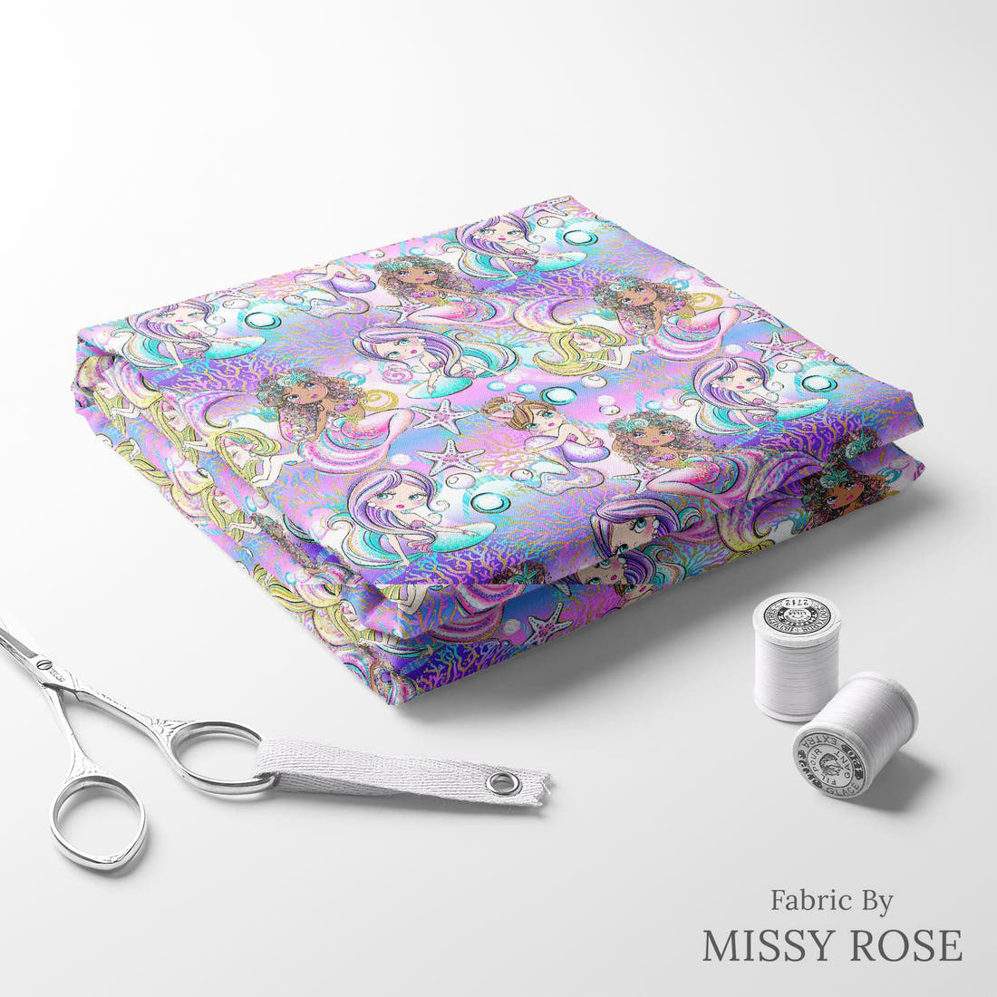 Design 1042 Purple Mermaid Fabric folded fabric stack with matching thread – pre-order fabric Australia | Fabric by Missy Rose