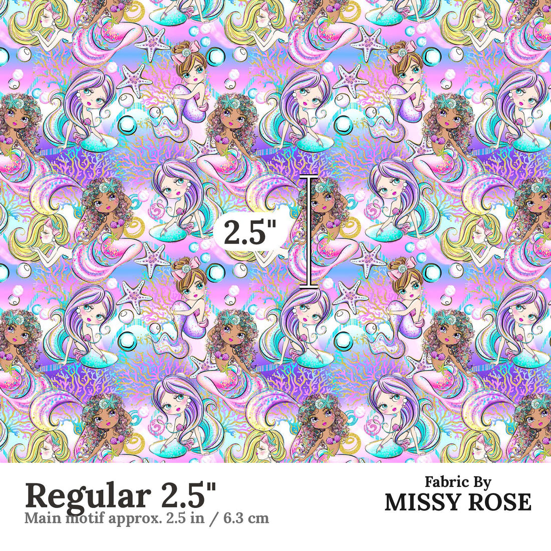 Design 1042 Purple Mermaid Fabric Regular 2.5 inch print scale guide | Fabric by Missy Rose