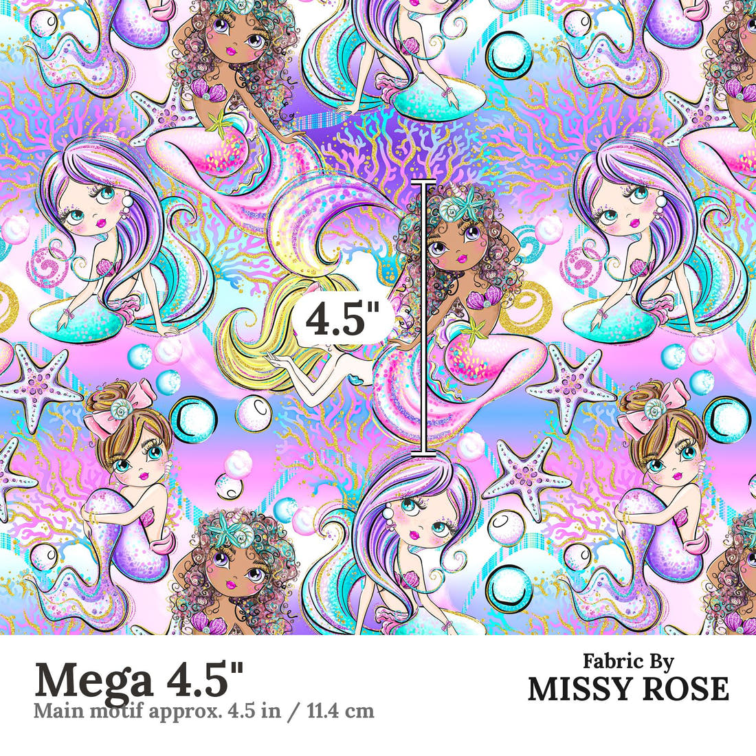 Design 1042 Purple Mermaid Fabric Mega 4.5 inch print scale guide | Fabric by Missy Rose