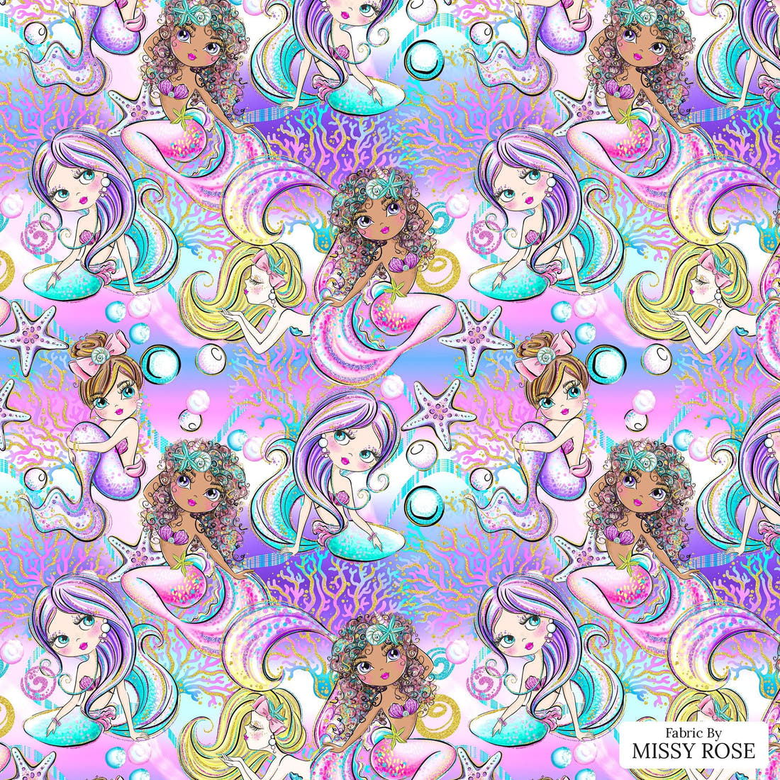 Design 1042 Purple Mermaid Fabric – flat view of the print, zoom in for detail | Fabric by Missy Rose