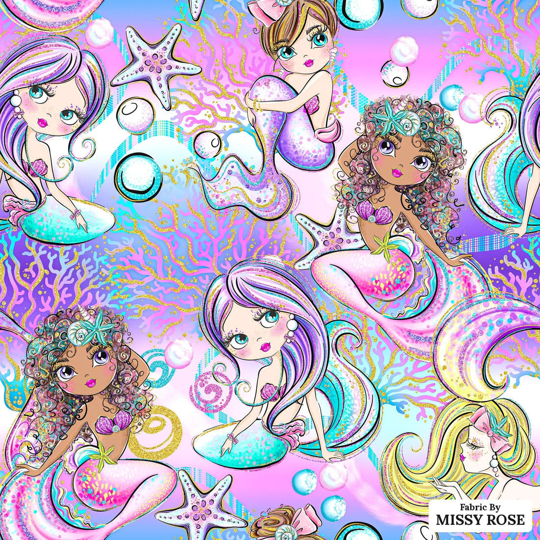 Design 1042 Purple Mermaid Fabric – flat view of the print, zoom in for detail | Fabric by Missy Rose