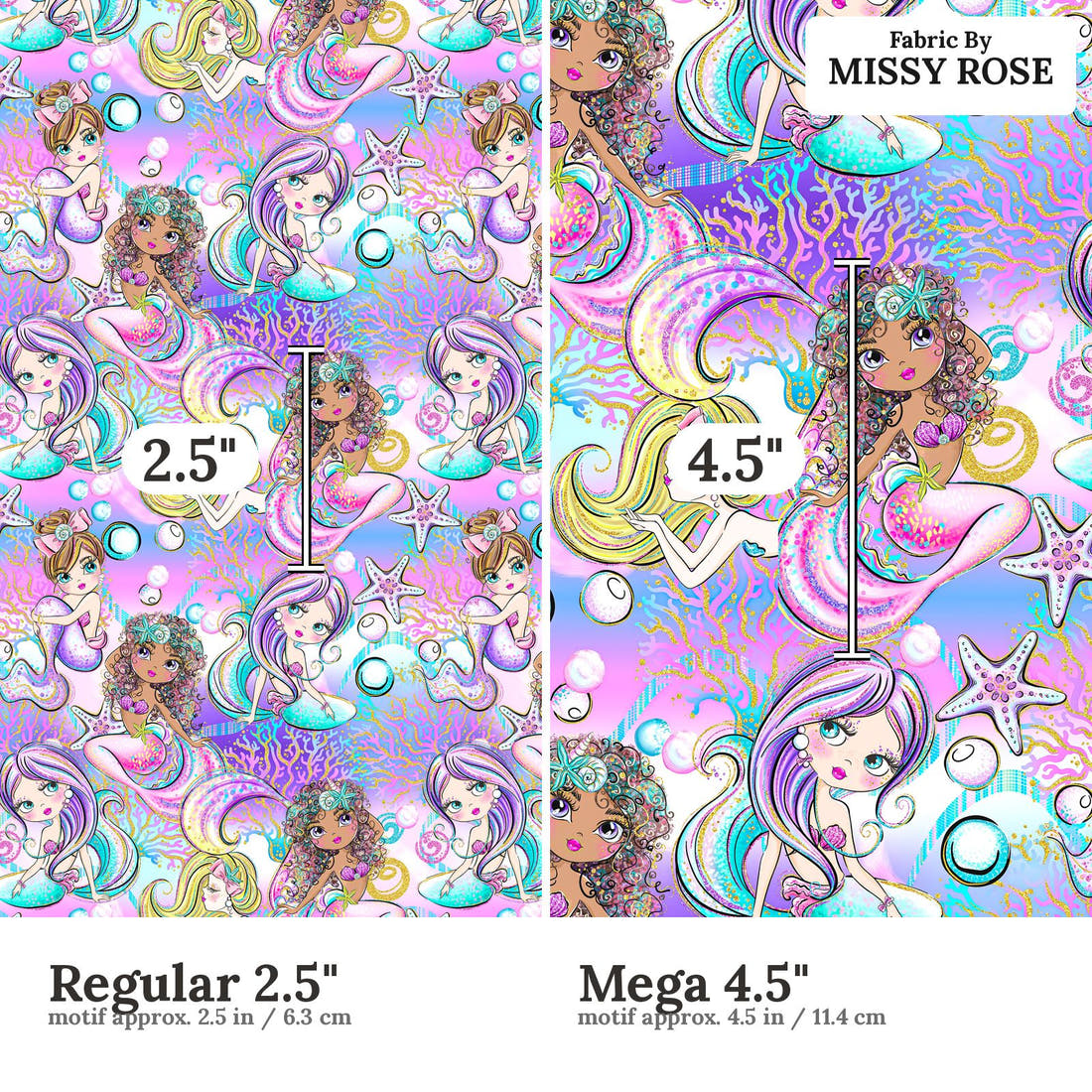 Design 1042 Purple Mermaid Fabric Regular 2.5 inch vs Mega 4.5 inch print scale side by side | Fabric by Missy Rose