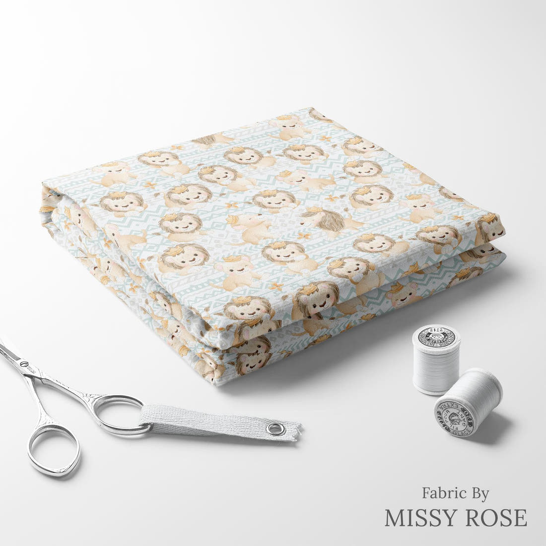 Design 1043 Lion Fabric folded fabric stack with matching thread – pre-order fabric Australia | Fabric by Missy Rose