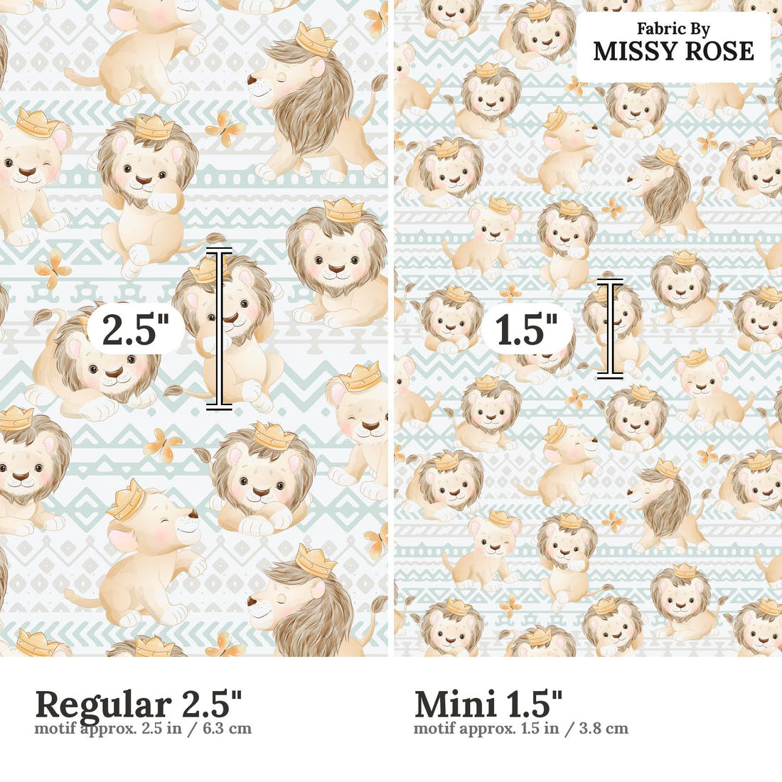 Design 1043 Lion Fabric Regular 2.5 inch vs Mini 1.5 inch print scale side by side | Fabric by Missy Rose