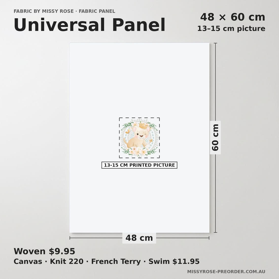 Design 1043 Lion Panel universal panel sizing – 13–15 cm printed picture on 48 × 60 cm fabric | Fabric by Missy Rose