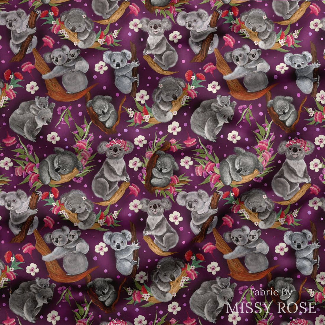 Design 1044 Floral Koala Fabric draped fabric mockup – custom printed fabric by the metre | Fabric by Missy Rose