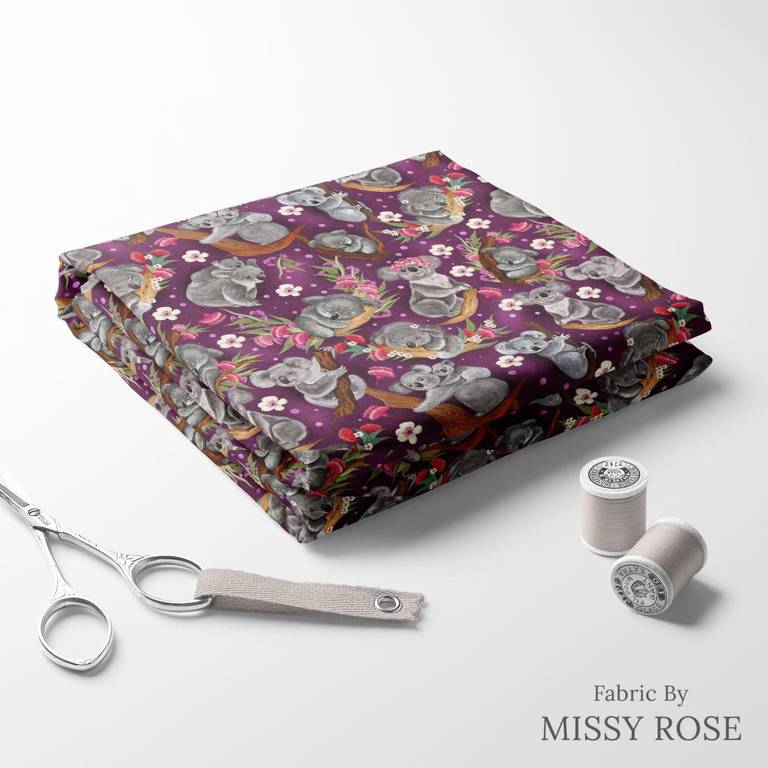 Design 1044 Floral Koala Fabric folded fabric stack with matching thread – pre-order fabric Australia | Fabric by Missy Rose